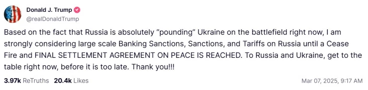 Трамп пригрозил России новыми санкциями