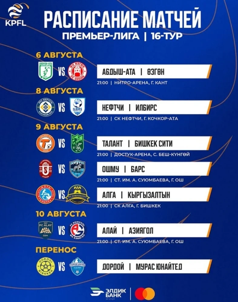 КПЛ-2025: Стартует 16-й тур чемпионата Кыргызстана по футболу